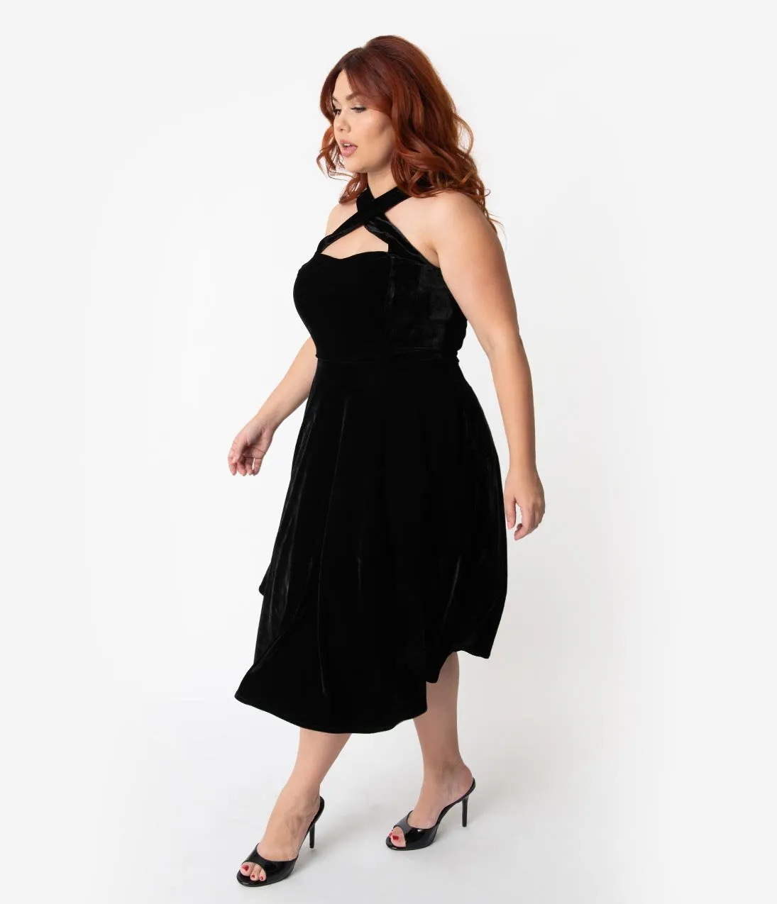 Unique Vintage Plus Size 1950s Style Black Velvet Rita Halter Flare Dress
