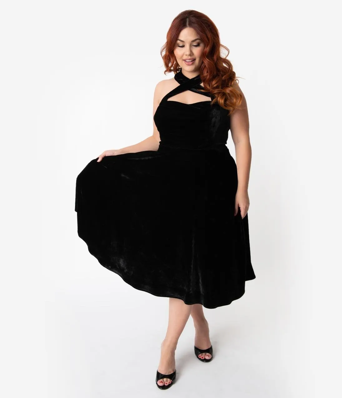 Unique Vintage Plus Size 1950s Style Black Velvet Rita Halter Flare Dress