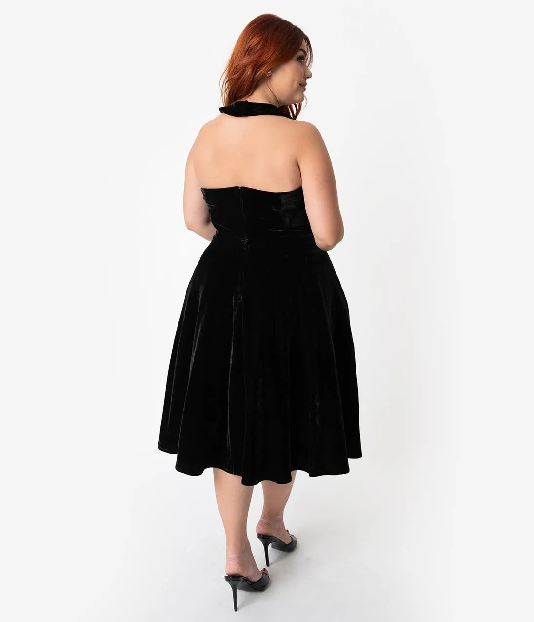 Unique Vintage Plus Size 1950s Style Black Velvet Rita Halter Flare Dress