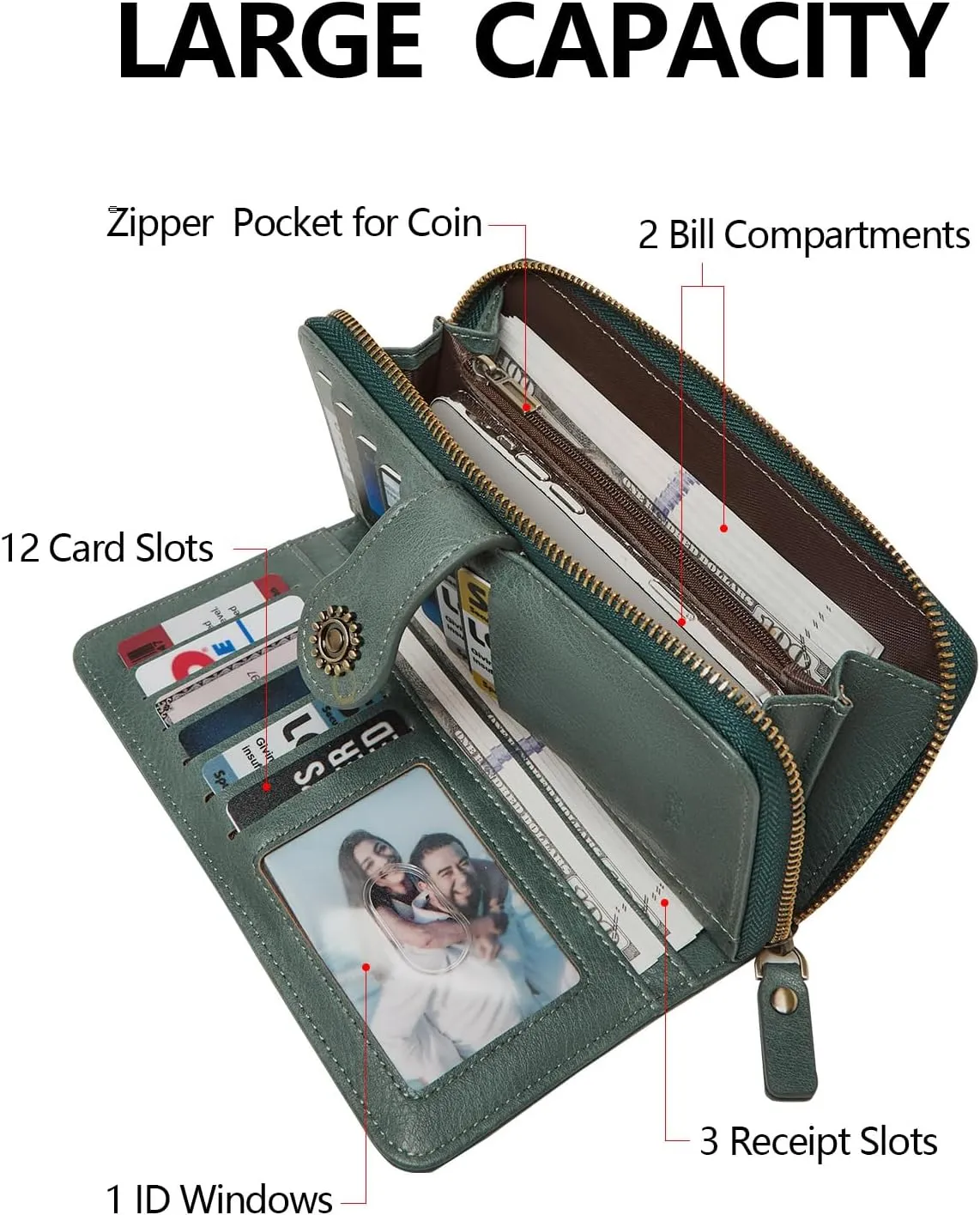 Wallet for Women RFID Blocking Leather Large Capacity Card Holder Ladies Phone Clutch Travel Long Purse Wristlet