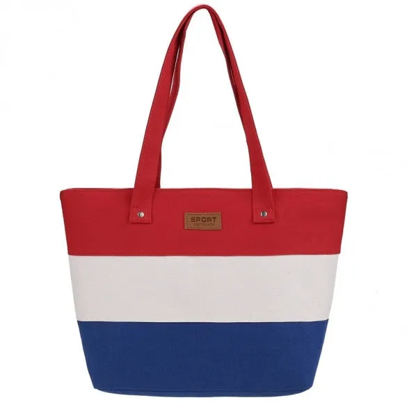 Women Fashion Large Capcity Stripe Contrast Color Handbag Canvas Shoulder Bags Casual Tote