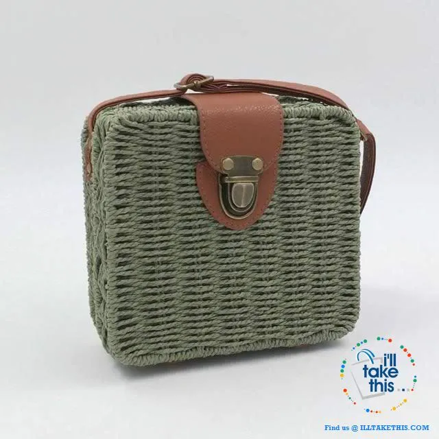 Women's Handmade CUBE Bohemian inspired small Straw Crossbody Bag - 8 Fashionable Colors