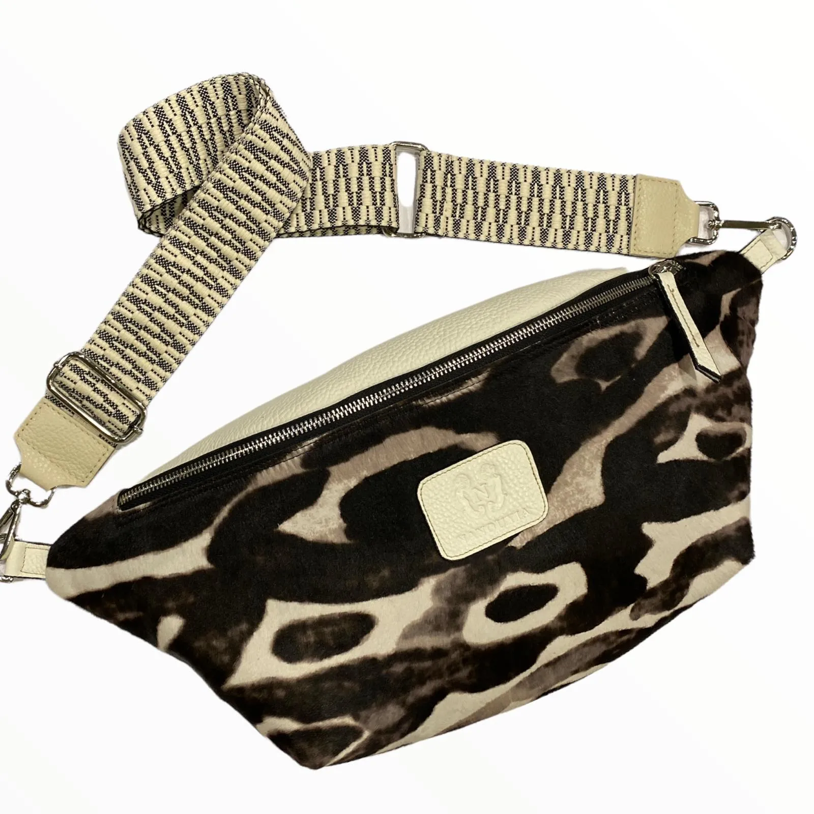 XXL black art calf-hair leather belt bag with minimal strap